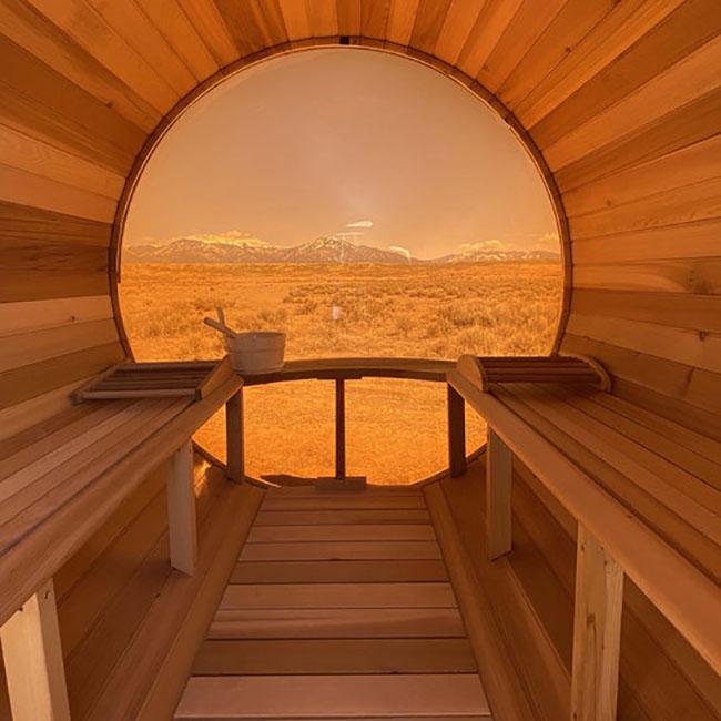 Outdoor Panoramic Barrel Sauna With Porch - The Sauna World