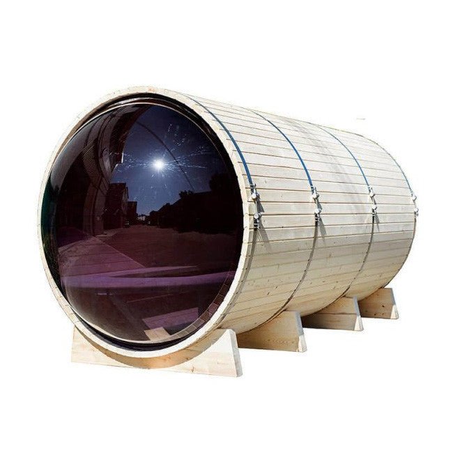 Outdoor Panoramic Barrel Sauna With Porch - The Sauna World