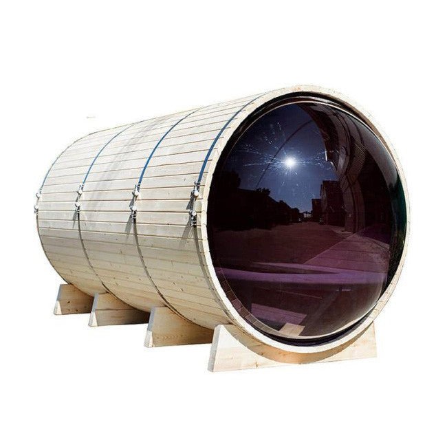 Outdoor Panoramic Barrel Sauna With Porch - The Sauna World