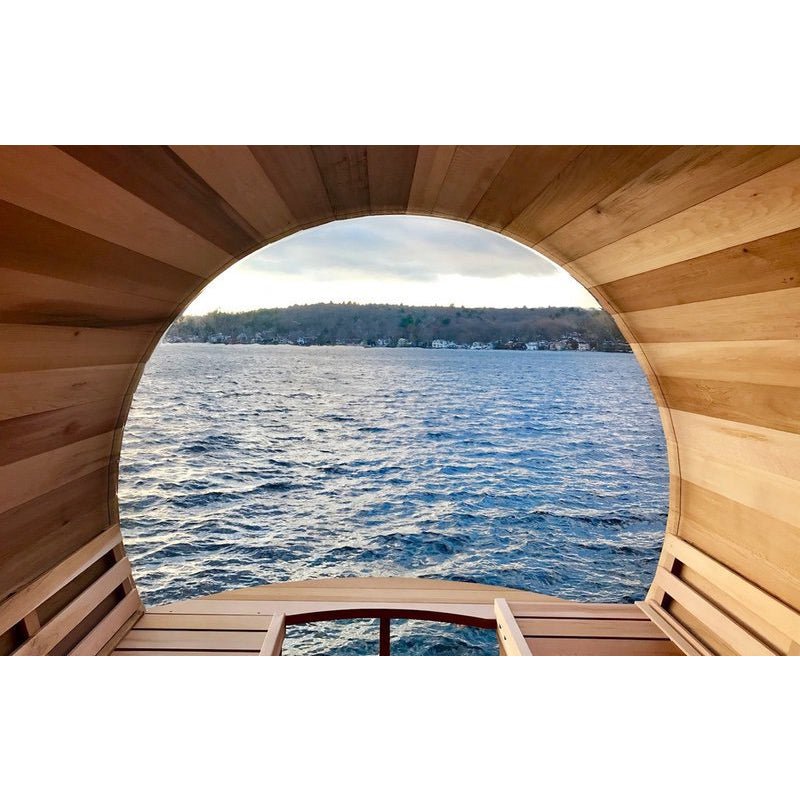 Outdoor Panoramic Barrel Sauna With Porch - The Sauna World