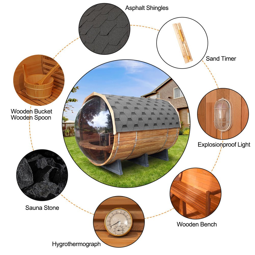 Traditional Panoramic Barrel Sauna (Asphalt shingles) - The Sauna World