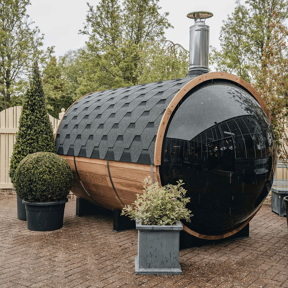 Traditional Panoramic Barrel Sauna (Asphalt shingles) - The Sauna World