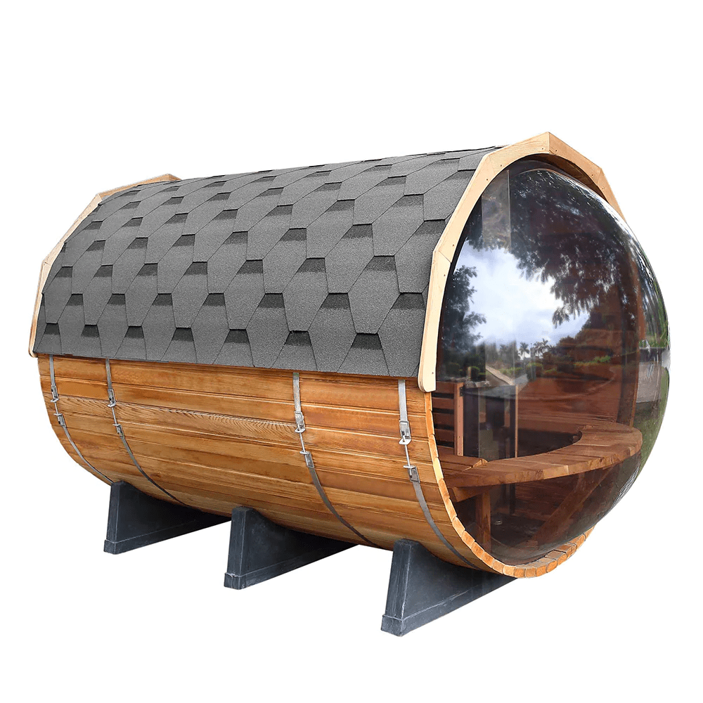 Traditional Panoramic Barrel Sauna (Asphalt shingles) - The Sauna World