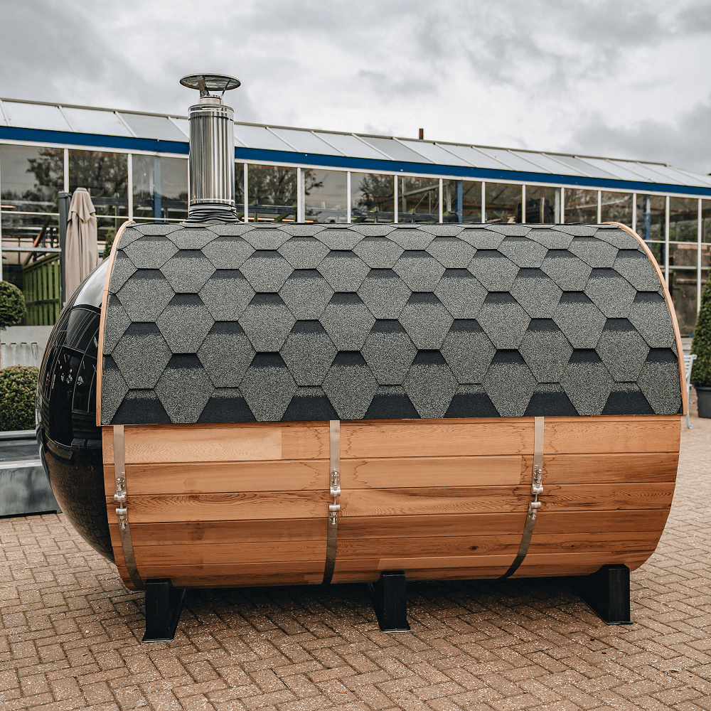 Traditional Panoramic Barrel Sauna (Asphalt shingles) - The Sauna World