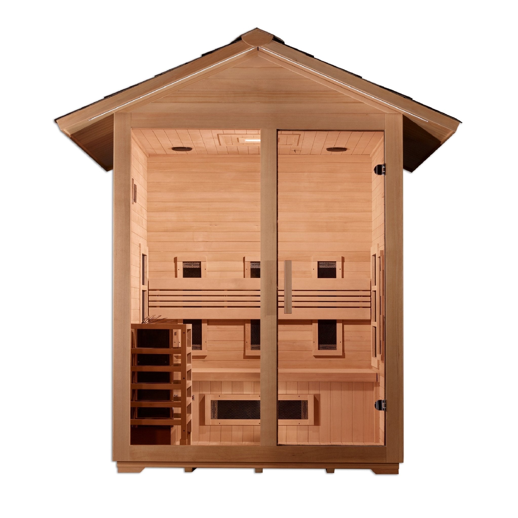Golden Designs "Carinthia" 3 Person Hybrid (PureTech™ Full Spectrum IR or Traditional Stove) Outdoor Sauna - Canadian Hemlock - The Sauna World