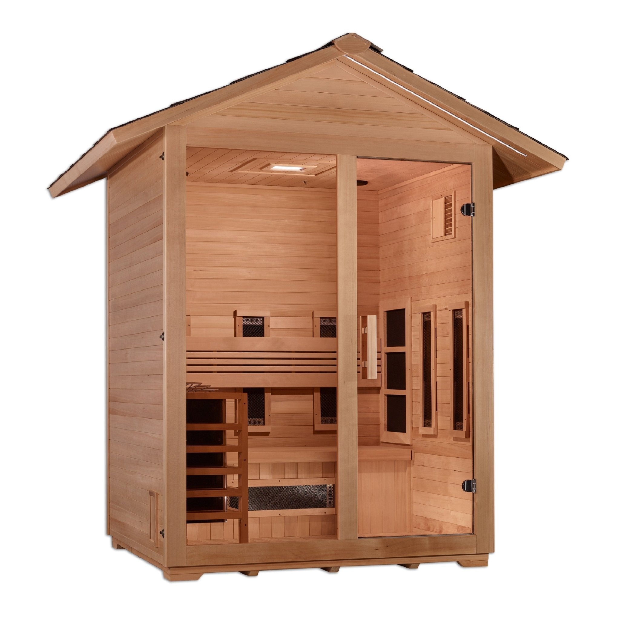 Golden Designs "Carinthia" 3 Person Hybrid (PureTech™ Full Spectrum IR or Traditional Stove) Outdoor Sauna - Canadian Hemlock - The Sauna World