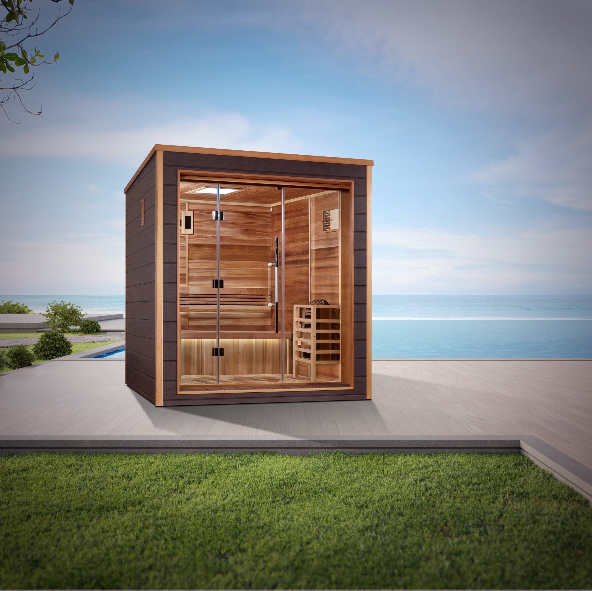 Golden Designs Drammen 3 Person Outdoor-Indoor Traditional Sauna (GDI-8203-01) - Canadian Red Cedar Interior - The Sauna World