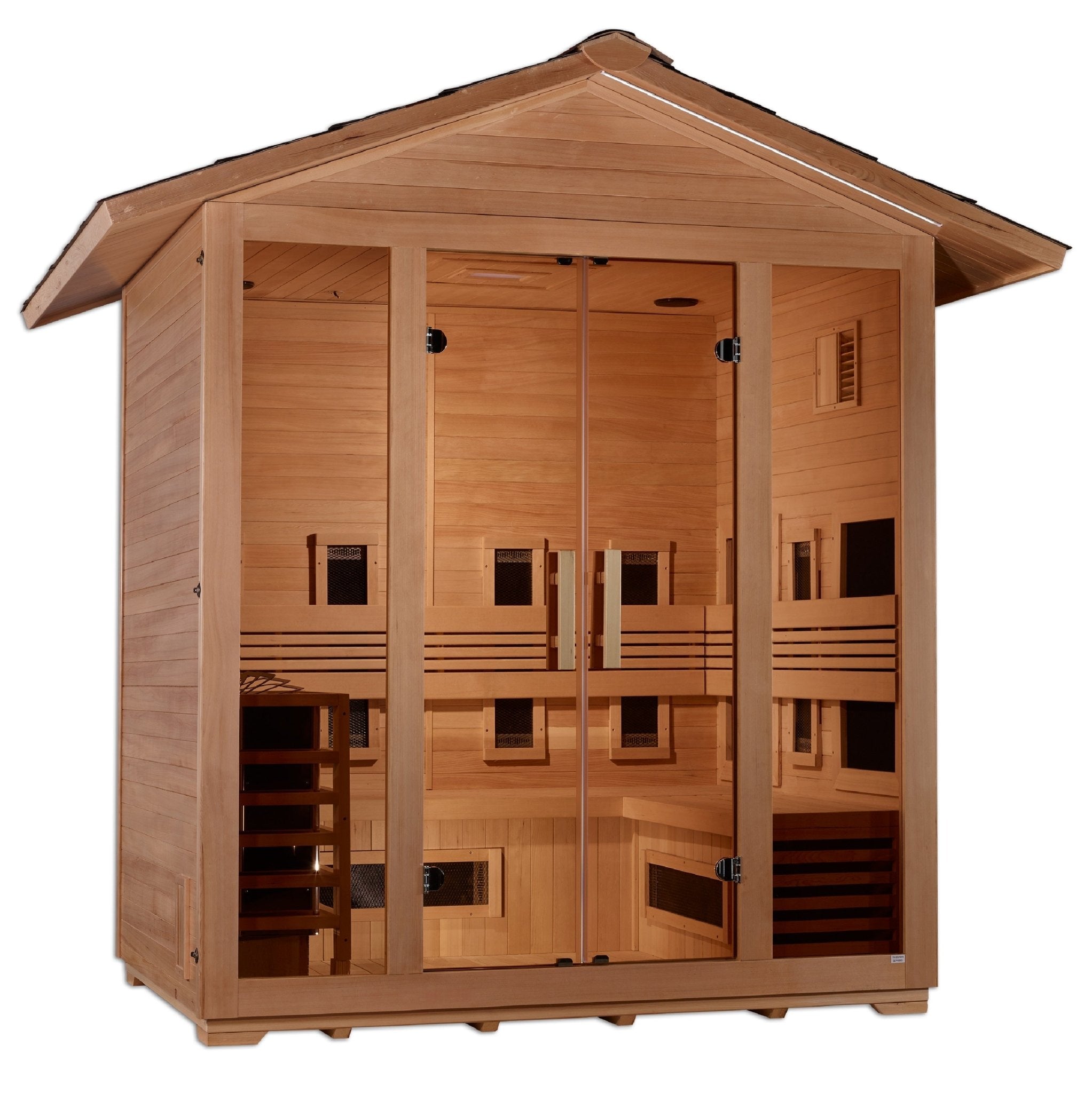 Golden Designs "Gargellen" 5 Person Hybrid (PureTech™ Full Spectrum IR or Traditional Stove) Outdoor Sauna - Canadian Hemlock - The Sauna World