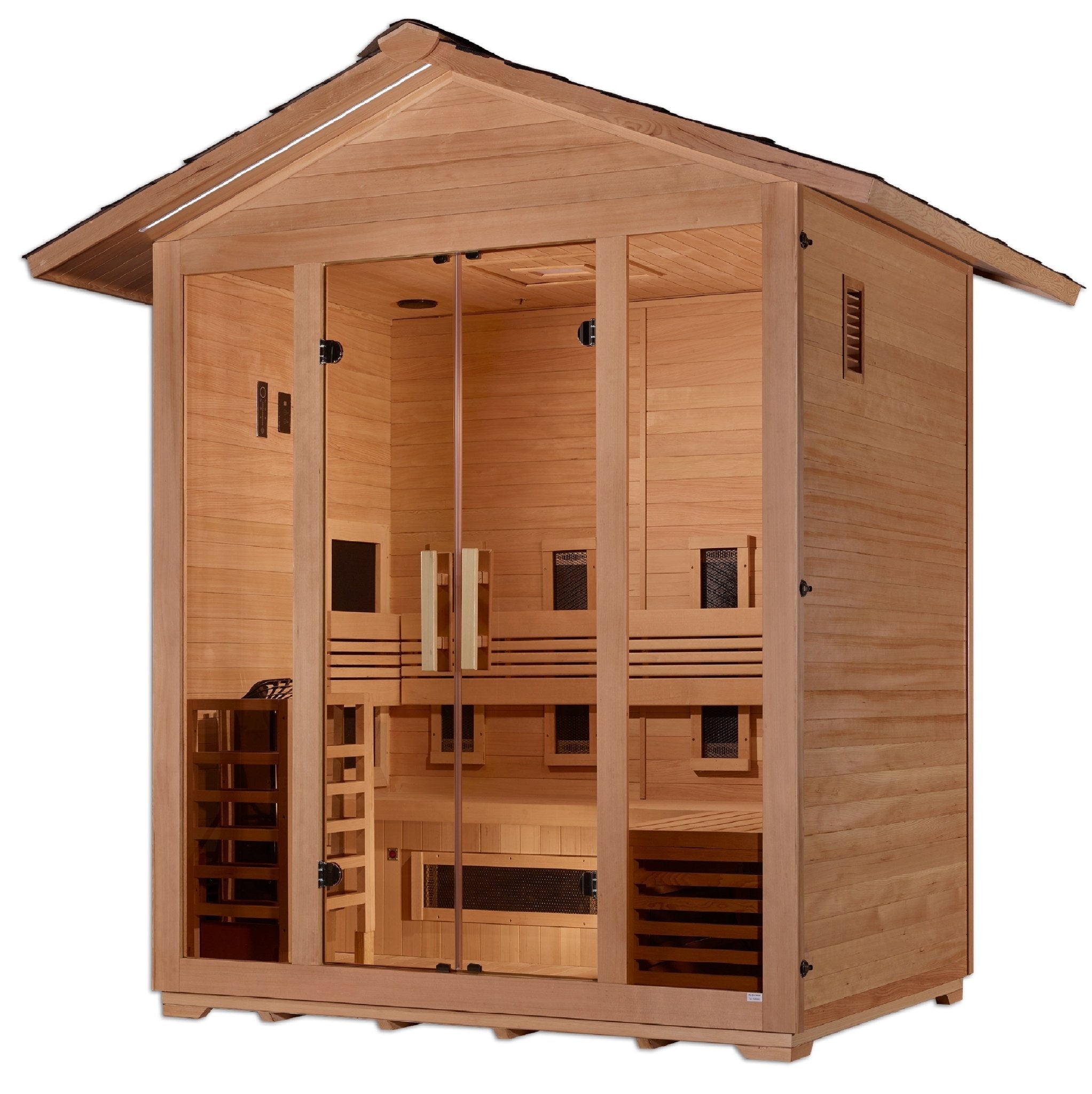 Golden Designs "Gargellen" 5 Person Hybrid (PureTech™ Full Spectrum IR or Traditional Stove) Outdoor Sauna - Canadian Hemlock - The Sauna World