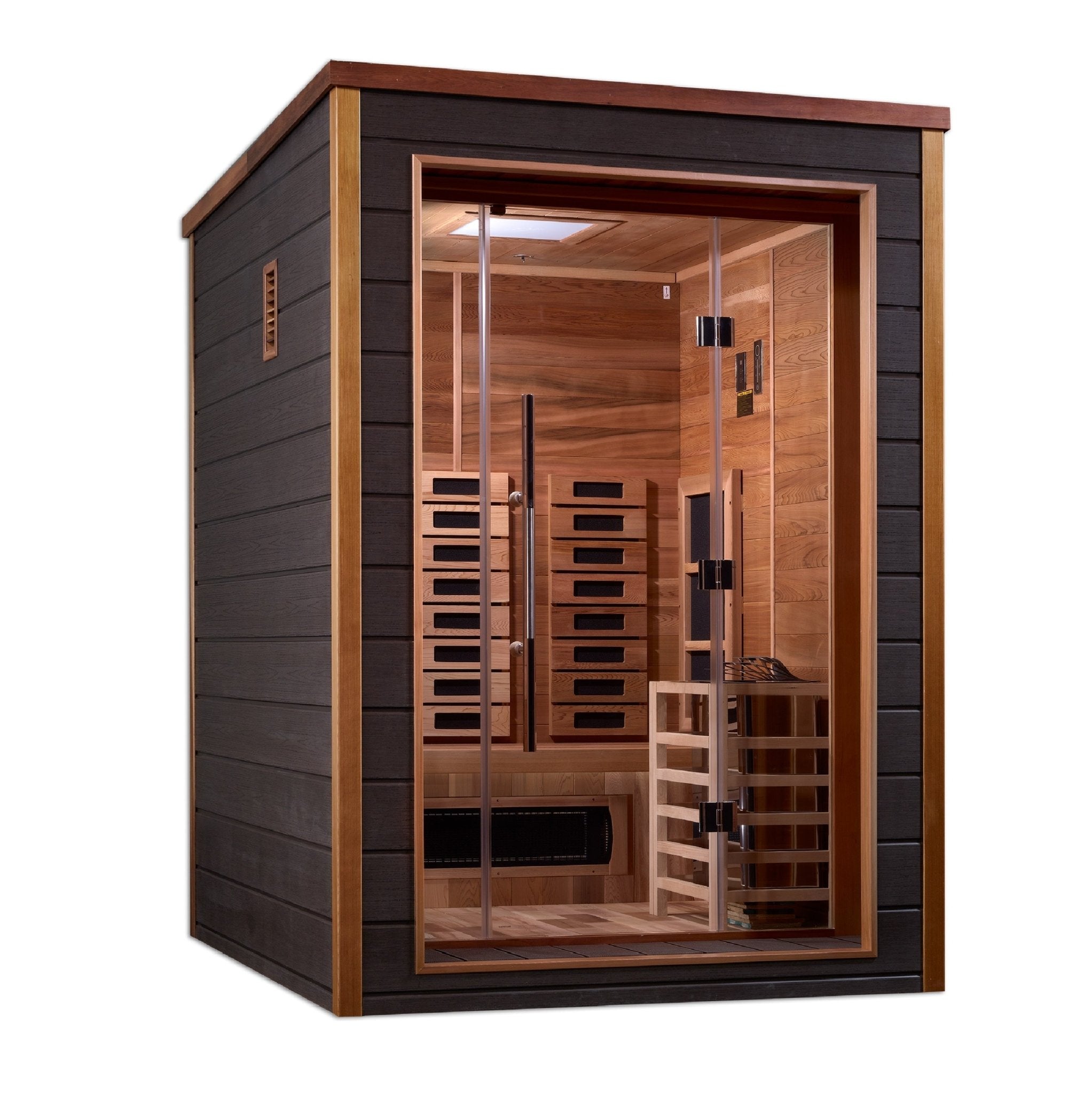 Golden Designs Nora 2 Person Outdoor-Indoor PureTech™ Hybrid Full Spectrum Sauna (GDI-8222-01) - Canadian Red Cedar Interior - The Sauna World