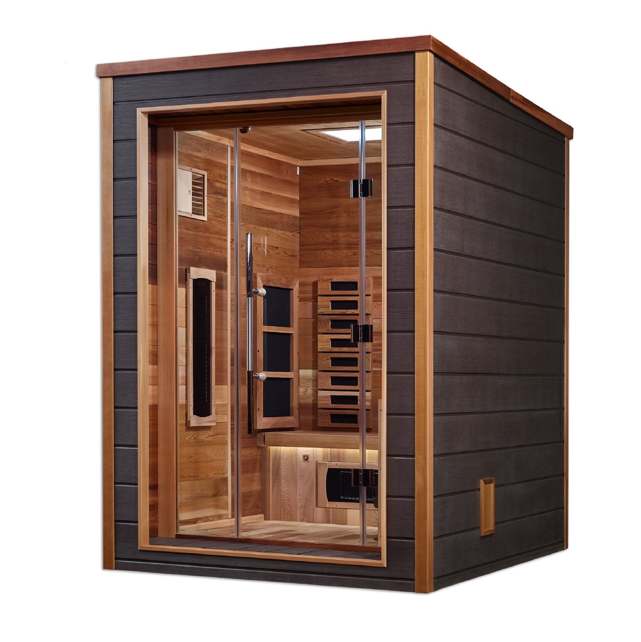 Golden Designs Nora 2 Person Outdoor-Indoor PureTech™ Hybrid Full Spectrum Sauna (GDI-8222-01) - Canadian Red Cedar Interior - The Sauna World