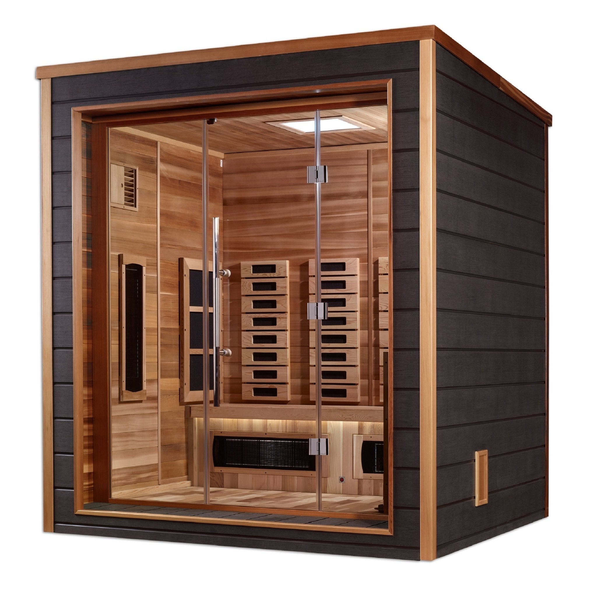 Golden Designs Visby 3 Person Outdoor-Indoor PureTech™ Hybrid Full Spectrum Sauna (GDI-8223-01) - Canadian Red Cedar Interior - The Sauna World