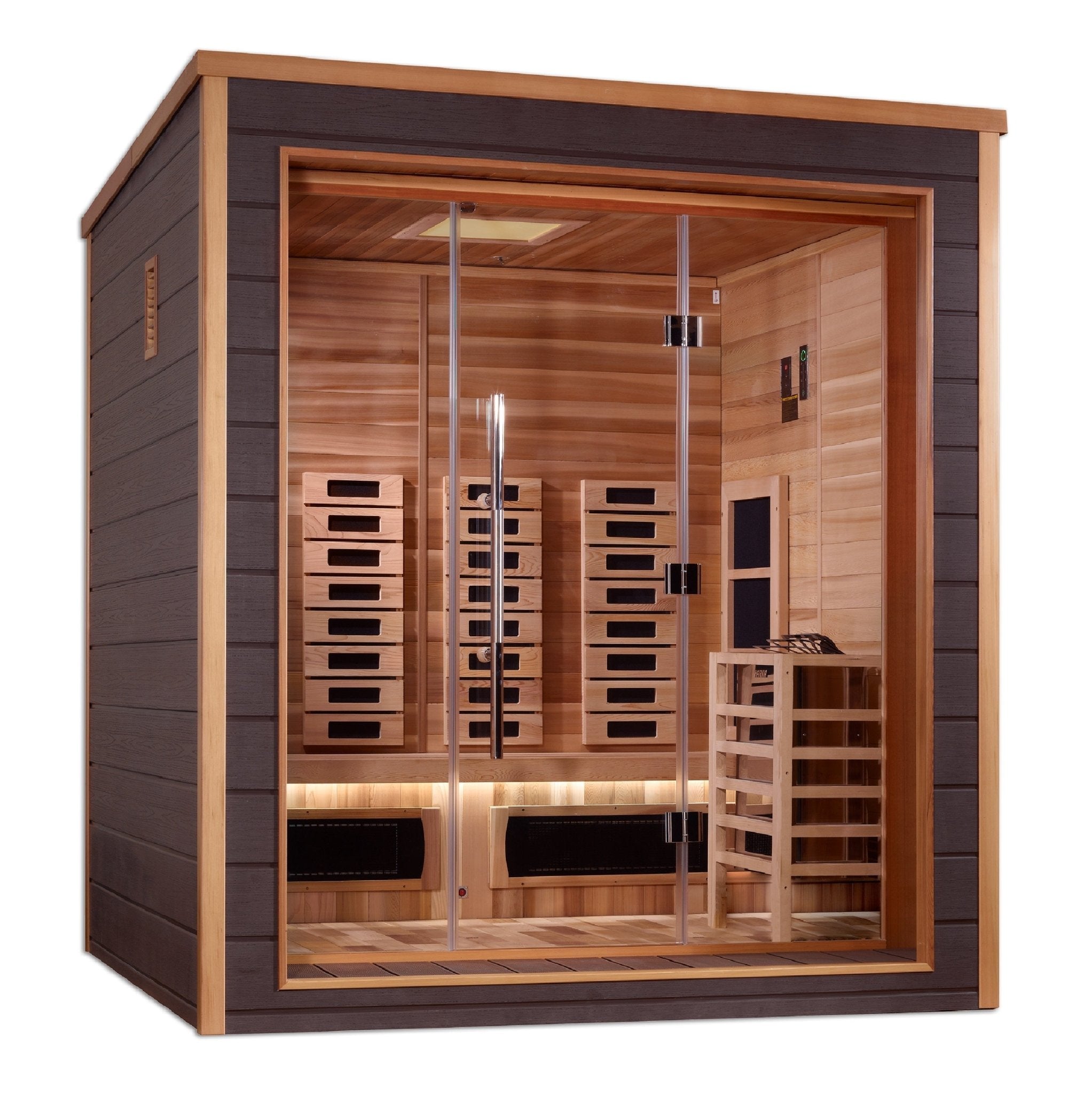 Golden Designs Visby 3 Person Outdoor-Indoor PureTech™ Hybrid Full Spectrum Sauna (GDI-8223-01) - Canadian Red Cedar Interior - The Sauna World