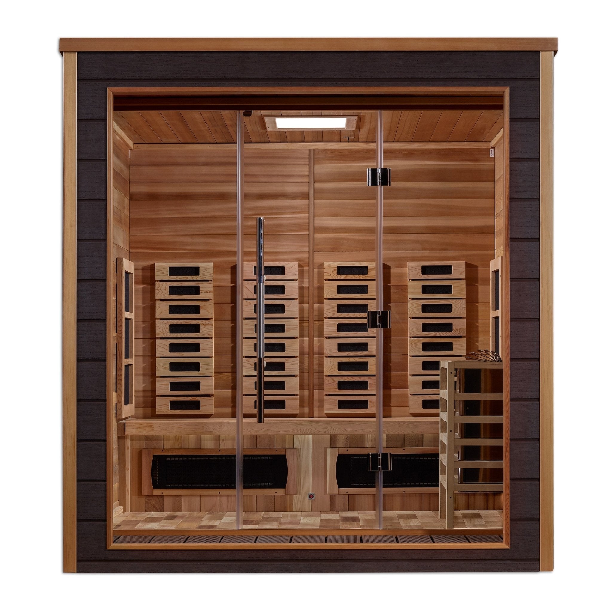 Golden Designs Visby 3 Person Outdoor-Indoor PureTech™ Hybrid Full Spectrum Sauna (GDI-8223-01) - Canadian Red Cedar Interior - The Sauna World