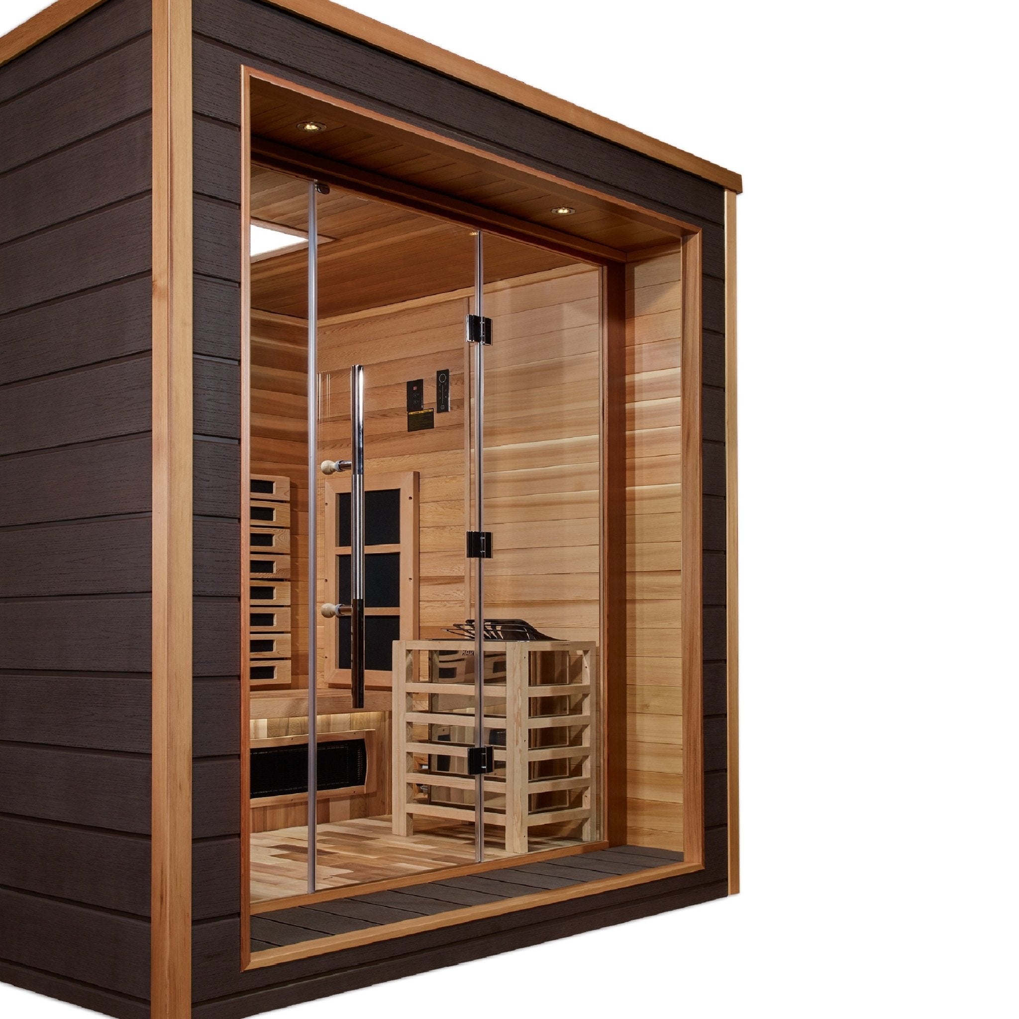Golden Designs Visby 3 Person Outdoor-Indoor PureTech™ Hybrid Full Spectrum Sauna (GDI-8223-01) - Canadian Red Cedar Interior - The Sauna World