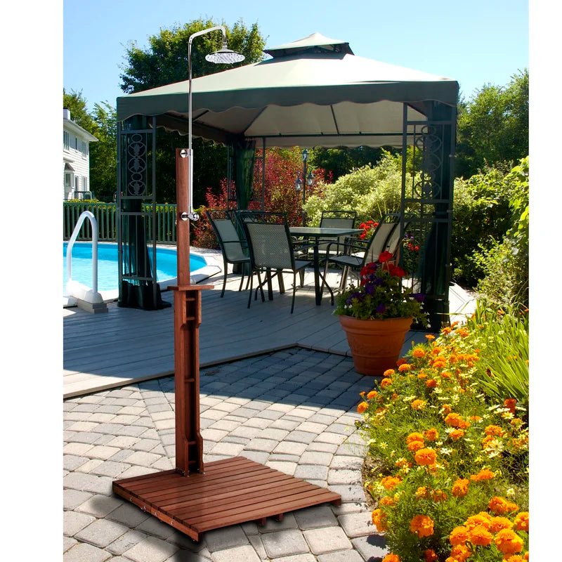 Stainless Steel Freestanding Outdoor Shower and Duckboard - The Sauna World