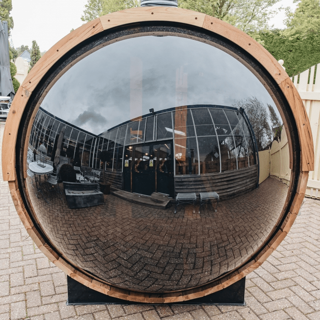 Traditional Panoramic Barrel Sauna (Asphalt shingles) - The Sauna World
